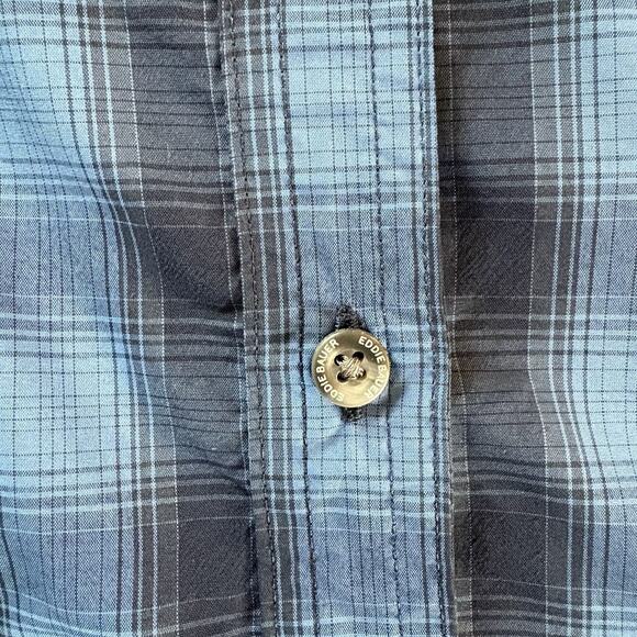 Eddie Bauer Women’s Blue Plaid Travex Roll Tab Sleeve Vented Shirt Size Large - Picture 10 of 16